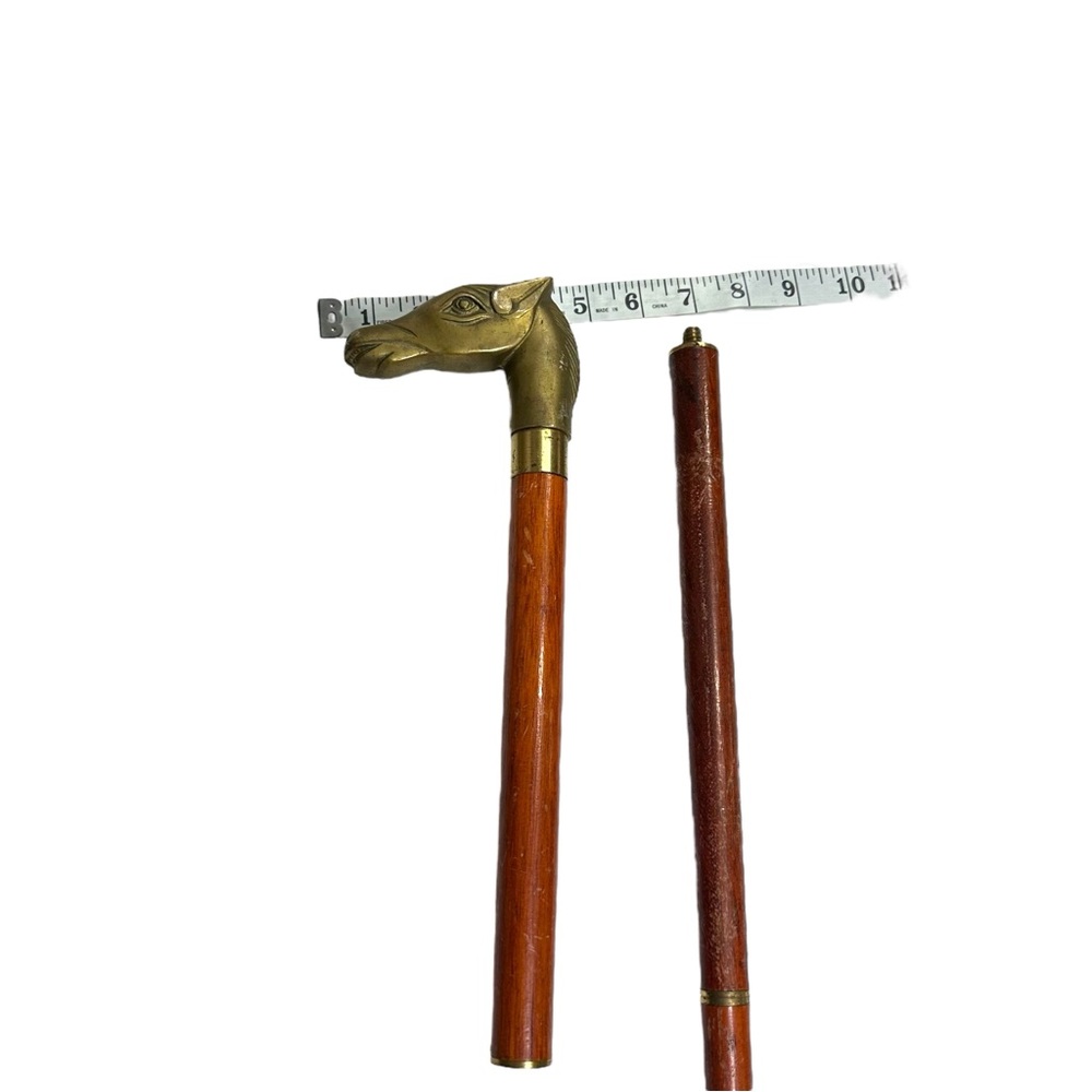 Vtg French Brass Horse Head Handle Walking Stick Cane 3 Section Wood Shaft 34” - Picture 4 of 12